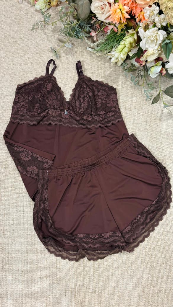 Pijama Baby Doll Liganete Marrom
