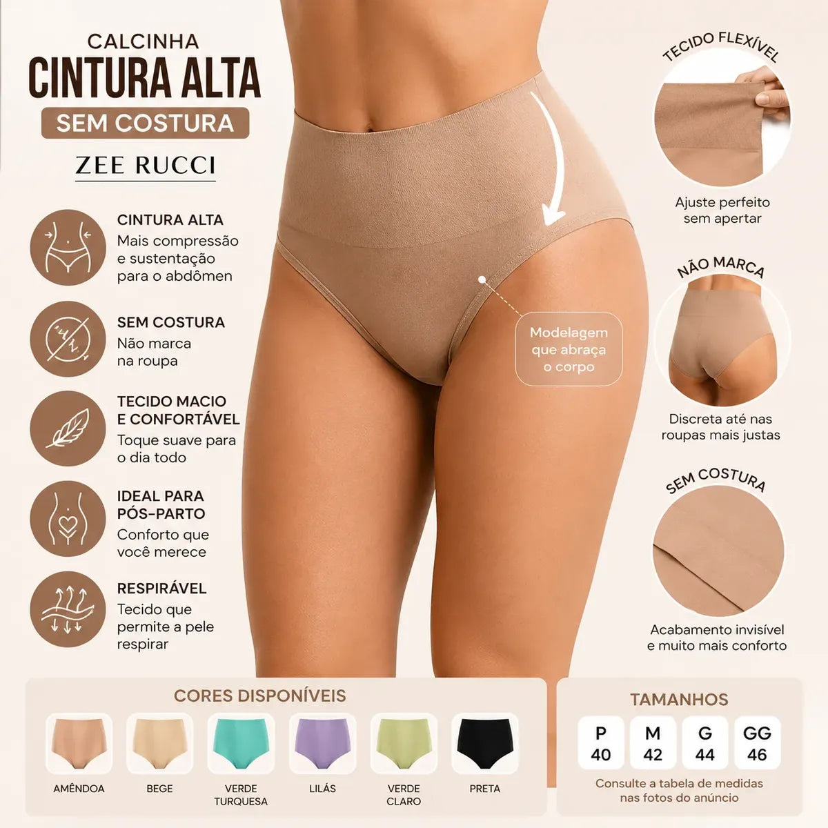 Kit 3 Calcinhas Tanga  Cós Largo Alta Sem Costura